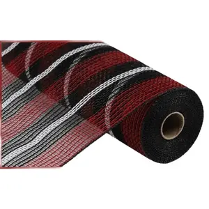 10.5" x 10yd Faux Jute PP Stripe Mesh – Red/Black/White