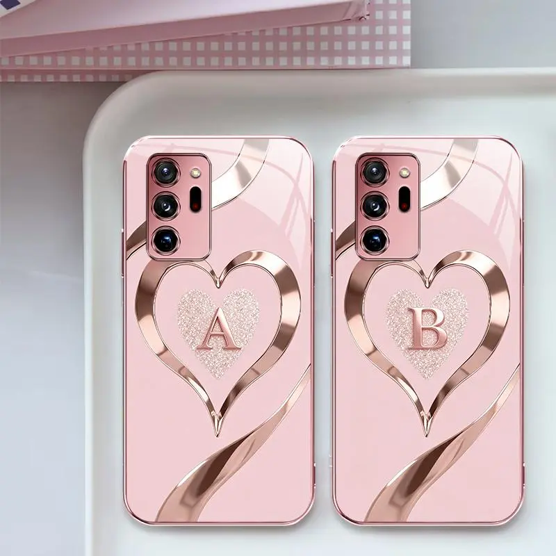 Suitable for [Galaxy Note20 Ultra 5g ] Luxury Rose Gold Heart Monogram Phone Case | Personalized A-Z Initial Electroplated Glossy Glass Protective Cover | Shockproof Drop Protection, Anti-Scratch & Anti-Fingerprint | Cute Gift for Her -JS996