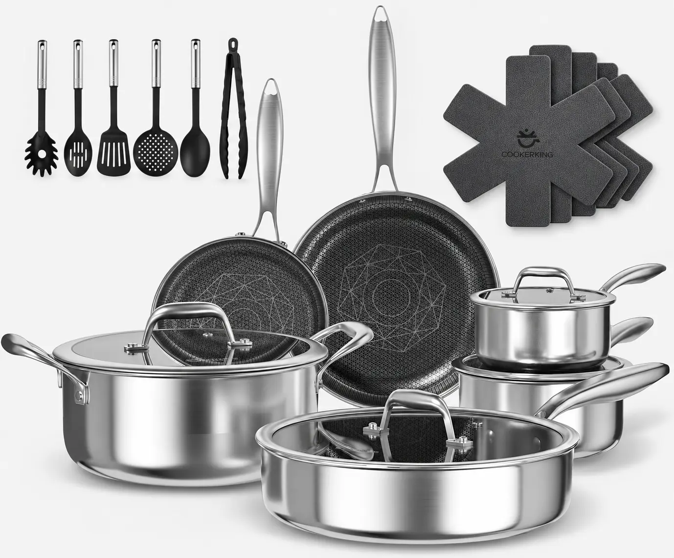 Cooker King 20-Piece Stainless Steel Cookware Set - Metal Pots, Frying Pans, Glass Covers, Cooking Utensils, Pan Protectors with Sturdy Handles for Cozy Together Kitchen Use