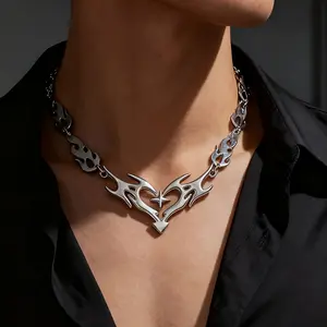 1pc Silvery Gothic Punk Cross Thorns Barbed Wire Flame Heart Shaped Necklace | Pendant Necklace, Suitable for Men, Ideal for Halloween, Party, and Holiday Gifts, Made of Zinc Alloy