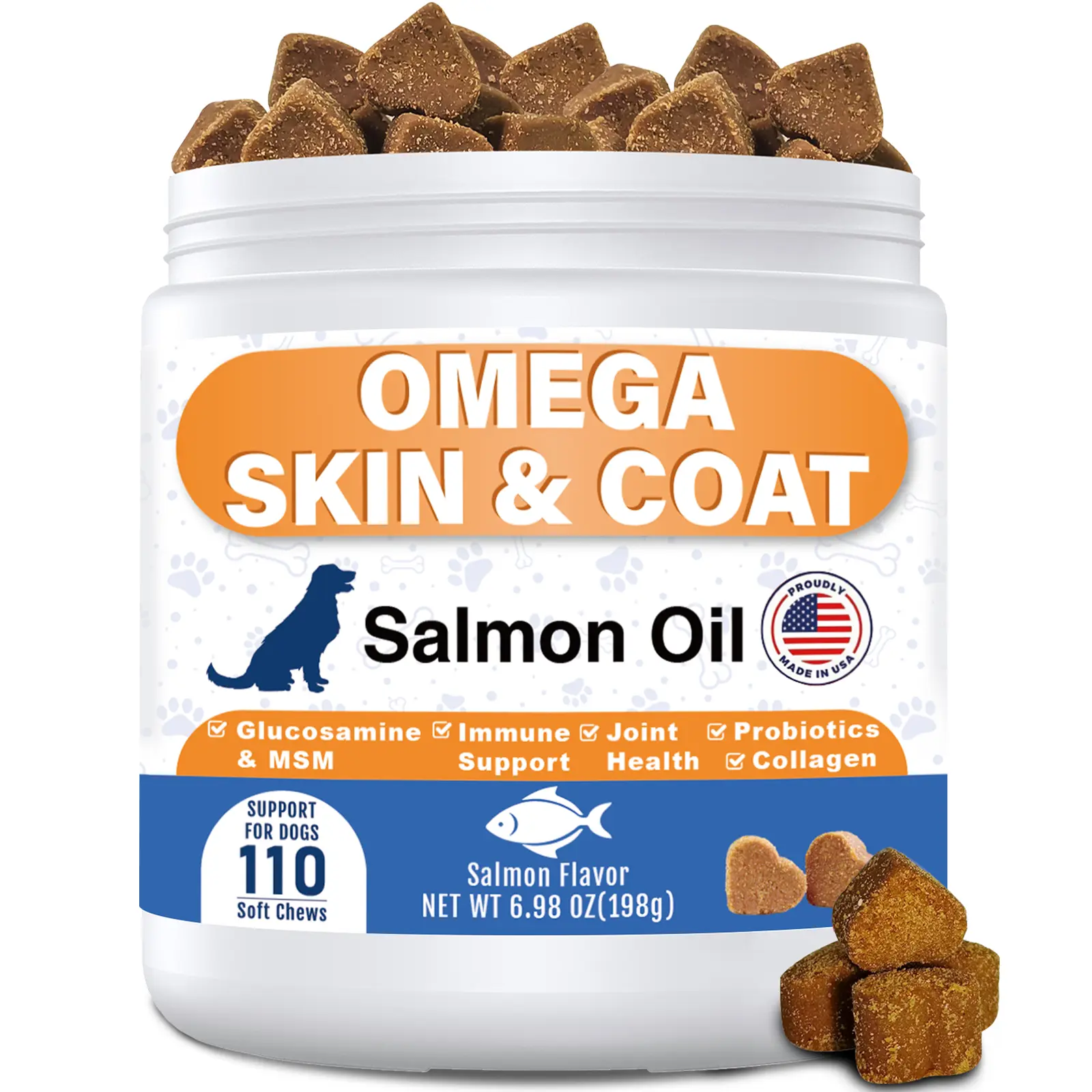 Dog Omega Skin & Coat Salmon Oil Soft Chews, Glucosamine MSM Collagen Probiotics Supplement, Immune Joint Gut Health Support, Salmon Flavor 110 Chews Made in USA for All Breeds Dogs 24-month shelf life