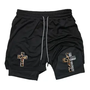 Christian Cross Men's Streetwear 2-in-1 Shorts Sweat Shorts with Philippians 4:13 Graphic Print Drawstring Waist Casual Summer Shorts for Men Trendy Drip Clothing