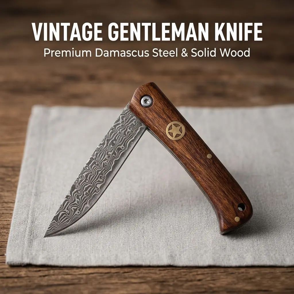 Damascus Blade Slim Pocket Knife with Wooden Handle - Adult Office EDC Tool, Kitchenware for Daily Cutting, Perfect Father’s Day Gentleman’s Gift, Knives