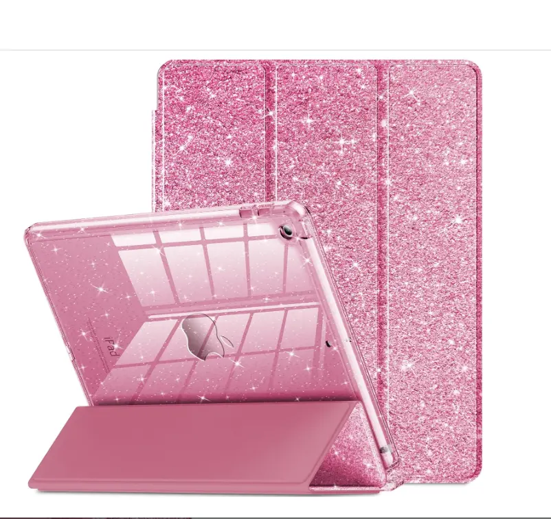 for iPad 9th/8th/7th Generation Case 2021/2020/2019 10.2 inch, Glitter Slim Protective Cover with Clear Back, Pencil Holder for Kids Girls for iPad 7/8/9 Gen, Pink