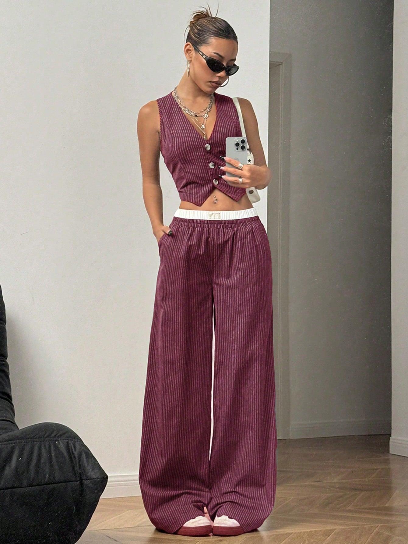 2pcs Women's Casual Striped Single-Breasted Vest And Pants Set,Ladies Casual Button Front,Pocket,Rib-Knit Sleeveless Slim Fit Grey Women Two-Piece Outfits,Spring/Summer,Casual Daily Wear