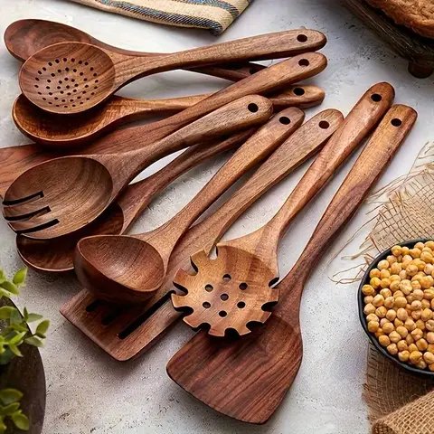 10pcs/set Natural Wood Kitchenware Utensils Set, Wooden Spoon Set, Wooden Cooking Tools, Kitchen Utensils Set, Durable Utensils, with Ergonomic Handles, Heat-Resistant Spoons, Pans and Spatulas, Ideal for Induction Cookers