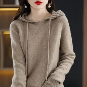 Women’s Cashmere Hooded Sweater for Autumn/Winter – Long Sleeve, Solid Knit, Loose Fit, Drawstring, Casual Pullover Hoodie