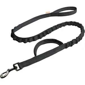 Reflective Bungee Dog Leash(Black) - 4FT to 5FT Adjustable Shock Absorbing Leash with Double Padded Handle & 360° No Tangle Metal Clasp for Small Medium Large Dogs