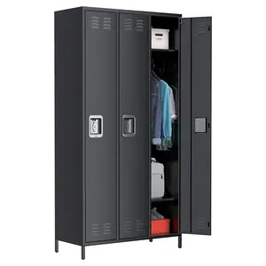 Garvee Metal Storage Locker with 3 Doors, Metal Locker for Employees with 9 Hooks for Garage School Office Gym Home, Assembly Required, Black