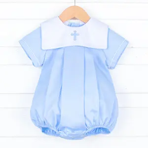 Blue Cross Embroidered Bib Boy Bubble - Classic Boy's Easter or Baptism Outfit