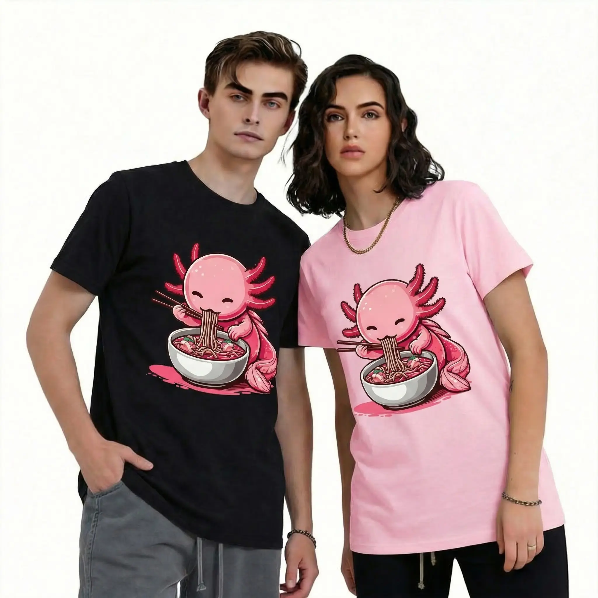 Unisex Kawaii Axolotl T-Shirt, 100% Cotton Japanese Anime Fashion Top, Casual Ramen Foodie Short Sleeve Crewneck, Anime Streetwear