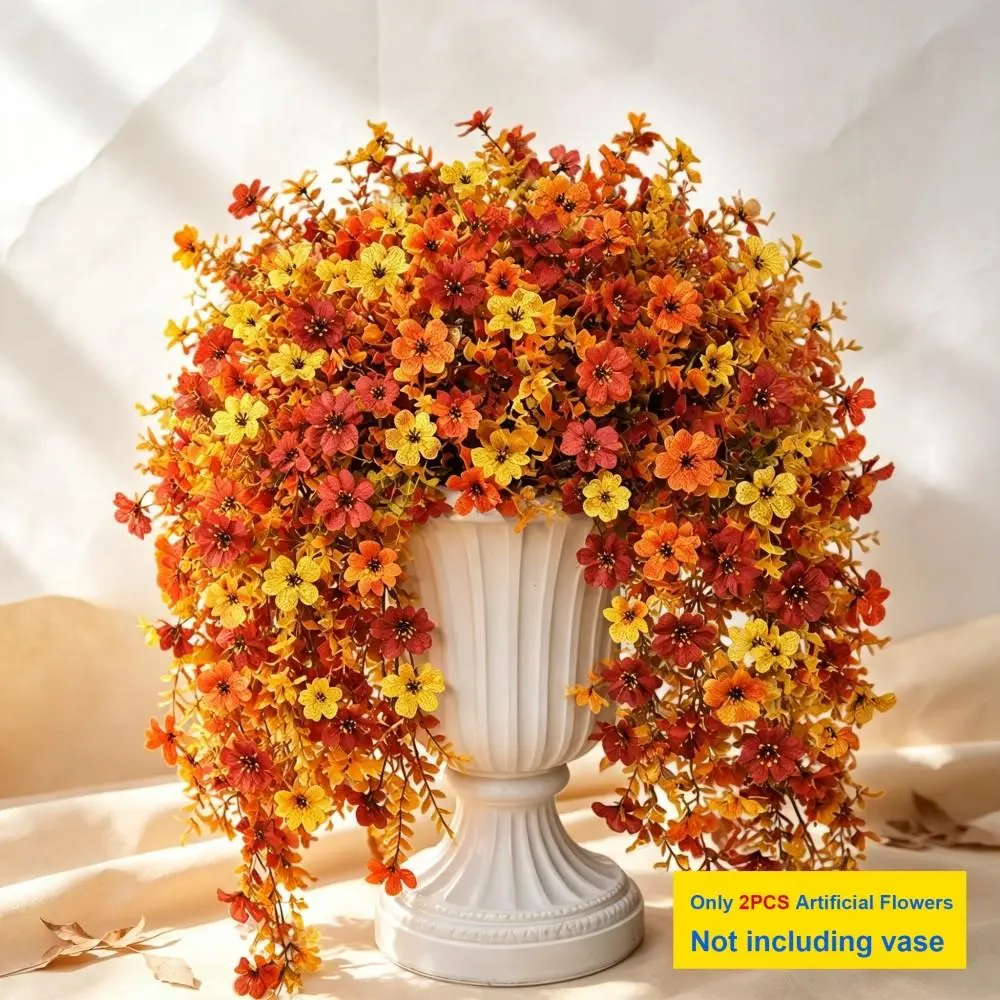 Artificial Autumn Hanging Flowers 2 Pack, Burnt Orange Burgundy Yellow Faux Orchid Trailing Vines, Indoor Outdoor Fall Home Wall Decor