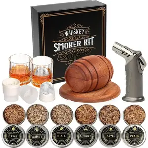 Whiskey Smoker Kit with Torch - 6 Flavors Wood Chips, 2 Glasses, 2 Ice Ball Molds - Cocktail Smoker Infuser Kit, Old Fashioned Drink Smoker Kit, Birthday Bourbon Whiskey Gifts for Men,Dad(NO Butane) Bakeware Kitchen Wooden