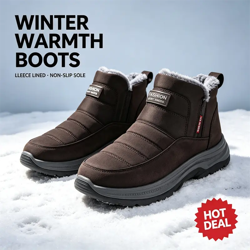 Men's Winter Warm Fleece Lined Snow Boots Side Zipper Slip On Ankle Boots Non-Slip Thick Sole Waterproof Outdoor Cold Weather Casual Walking Booties