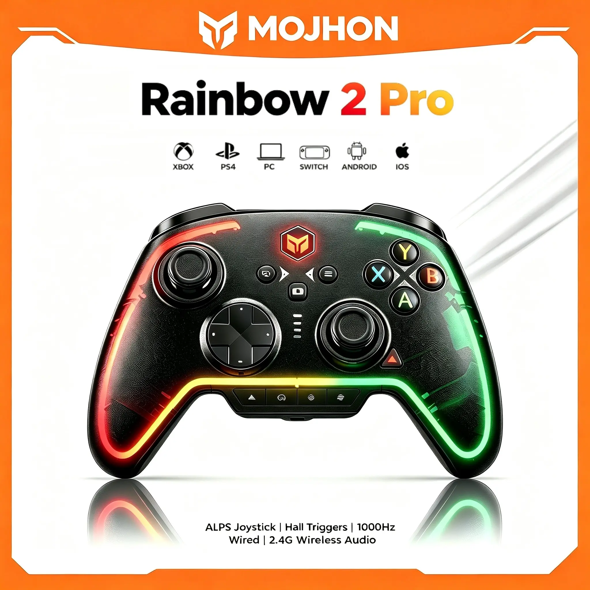 Rainbow 2 Pro Wireless Gaming Controller, ALPS Joystick, Hall Linear Triggers,  6-Axis Motion Control, Tri-mode Connection, Wireless Audio for PC Switch Xbox PS4