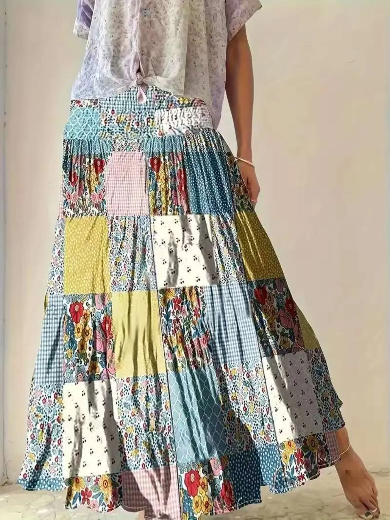 Women's Floral Print Patchwork Dress, Fashionable Boho A Line Elastic Half-Length Maxi Skirt, Perfect for Summer Casual Wear, Travel and Vacation