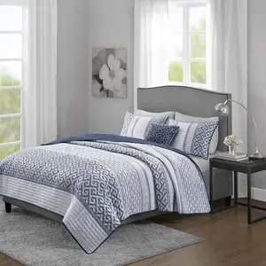 Madison Park MP13-7395 90 x 90 x 0.25 in. Bennett Jacquard Quilt Set with Throw Pillow, Navy - Full & Queen Size - 4 Piece, Bedroom Bedding Set, Bedding Queen Sets