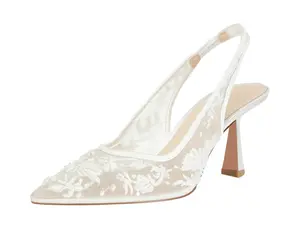 Lace Mesh Slingback Heels for Women Embroidered Kitten Heels Bridal Shoes Pointed Toe Wedding Pumps