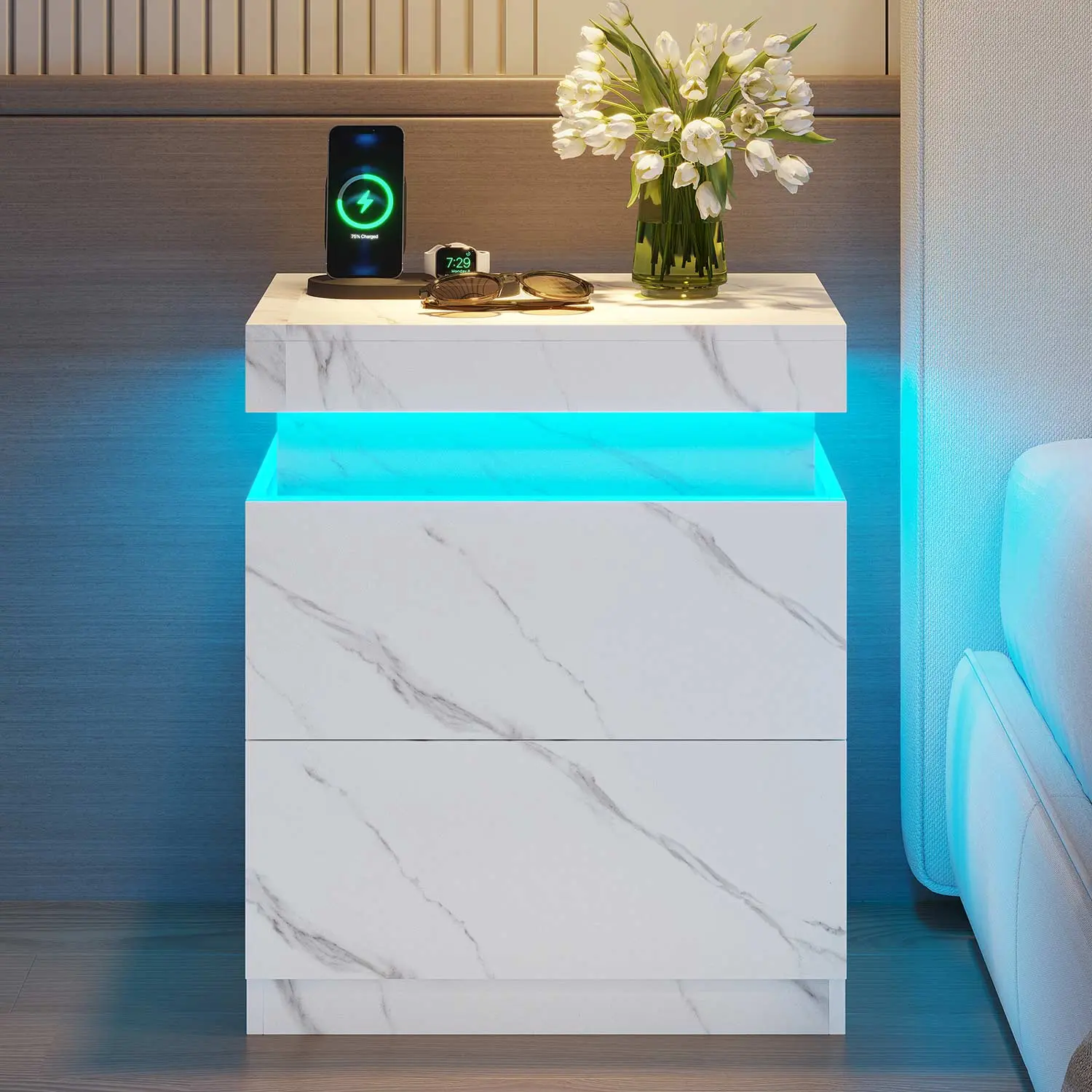 Sikaic Modern Rectangular Bedside Nightstand - White Marble Finish, Sliding Top, 2 Drawers, Charging Station, Indoor Bedroom Furniture Storage Cabinet