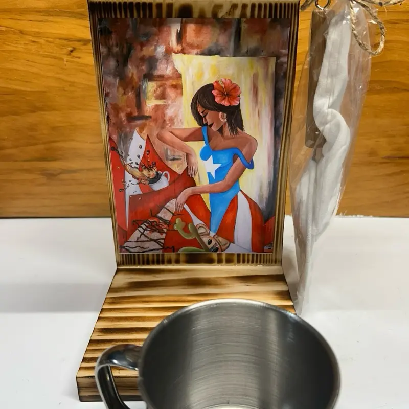 Puerto Rican Rustic Coffee Maker with strainer and stainless steel mug.   Cafetera artesanal en madera sólida . Incluye taza en metal y colador.