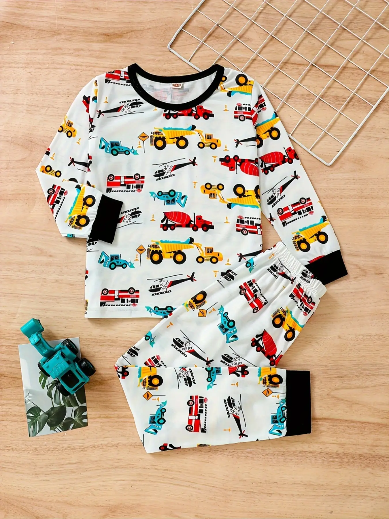 Boys' Fall Winter Truck Print Pajama Set, Long Sleeve Round Neck Top & Elastic Waist Pants, Casual Home Wear, Cartoon Print Pajama, Ages 6-8 Years Cas