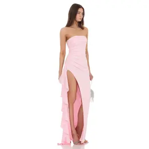 Strapless Ruched Ruffle Maxi Dress in Pink