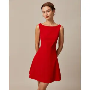 rihoas Women's Red Boat Neck High Waisted Mini Dress, Polyester-Spandex Blend, Comfortable Slim Lightweight Casual Dress