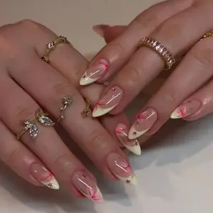 S125 Peach Petal Press-On Nails, Hand-Painted Floral Tips, Yellow French Style, Summer Elegance Vibe, Custom Nail Art, Solana Nails Town