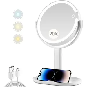 Makeup Mirror with Lights,20X Magnifying Mirror with Light and Touch ,Vanity Mirror with 3 Color Light and 80 LEDs,2-Sided Lighted Magnified Mirror 8.8 Inches