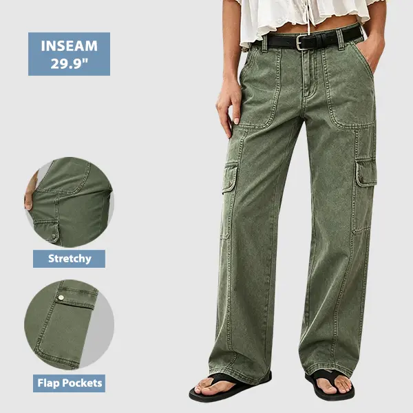 Flamingals Solid Flap Pocket Stitch Detail Mid Waist Straight Leg Pants Without Belt Stretchy 29.9'' Inseam