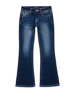 Women's Miss Me Bootcut Flared Mid-Rise Dark Blue Jeans, Metallic Fleur De Lis Stitching, Y2K-Vintage Denim Jeans, Comfortable All-Season Jeans