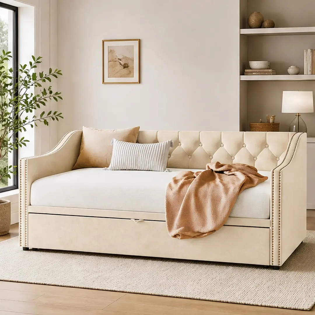 ARCH Twin Size Upholstered Daybed with Pop Up Trundle, Beige Velvet, No Box Spring Needed, Convertible Twin to King, for Kids Guest Room Living Room, 81.5W x 81.9D x 33.1H, Combo Set, Twin Size Options, Beige Color Options, Upholstered Material
