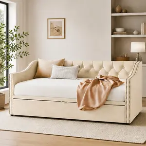ARCH Twin Size Upholstered Daybed with Pop Up Trundle, Beige Velvet, No Box Spring Needed, Convertible Twin to King, for Kids Guest Room Living Room, 81.5W x 81.9D x 33.1H, Combo Set, Twin Size Options, Beige Color Options, Upholstered Material