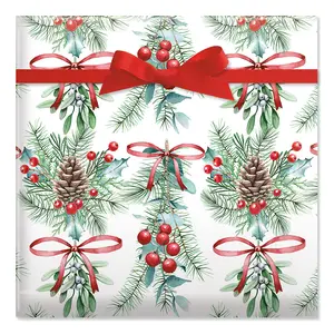 Lillian Vernon Under The Mistletoe Christmas Rolled Wrapping Paper Premium Jumbo 23-Inch x 32-Foot Gift Wrap Roll 61 Square Feet Total with Festive Pinecone and Berry Design