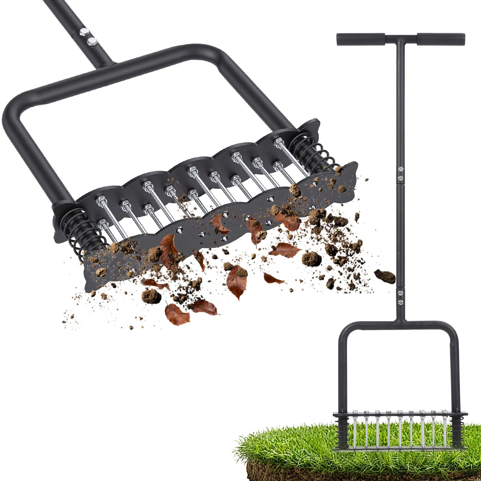 YUCOAP Manual Lawn Aerator with 14 Steel Spikes, Padded T-Handle, Self-Cleaning Spike Design, Pre-Assembled Soil Aerating Tool for Lawn and Garden