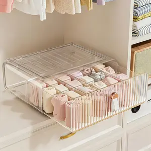 Sock Underwear Drawer Organizer - 24 Compartment Clear Acrylic Storage Bins with Removable Dividers, Stackable for Closet Dresser Drawer, No-Mess Storage for Socks, Baby Clothes, Belt, Tea Bag