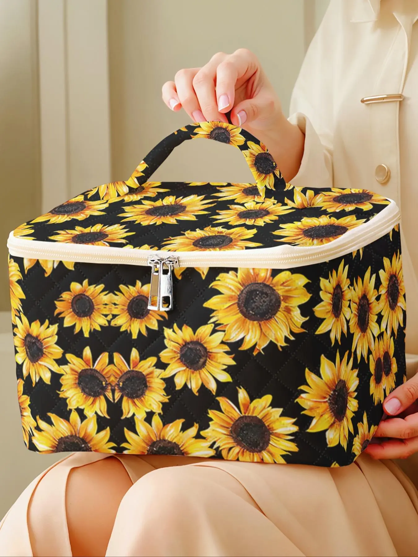 Sunflower Pattern Makeup Bag, Large Capacity Travel Toiletry Bag, Travel Cosmetic Bags, Portable Cosmetic Storage Bag, Zipper Makeup Organizer Pouch, Cosmetics Bag, Travel Accessory for Women & Girls
