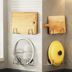 4PCS Wall Mount Kitchen Organizer No Drill Sponge Holder Lid Organizer Cutting Board Holder Sink Storage Rack Self Adhesive Stainless Steel Kitchen Sink Accessories Pot Lid Holder Dish Rag Holder Kitchen Wall Storage Rustproof Under Cabinet Hooks