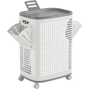 Plastic Laundry Basket with Lid, Wheels and Brakes, Side Compartments, Portable Clothes Hamper with Wheel for Bathroom, Bedroom
