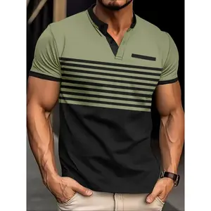 Men's Regular Fit Striped Print Polo Shirt, Casual Short Sleeve Collared Top for Daily Outdoor Wear, Fashion Men's Clothes for All Seasons, Tropical