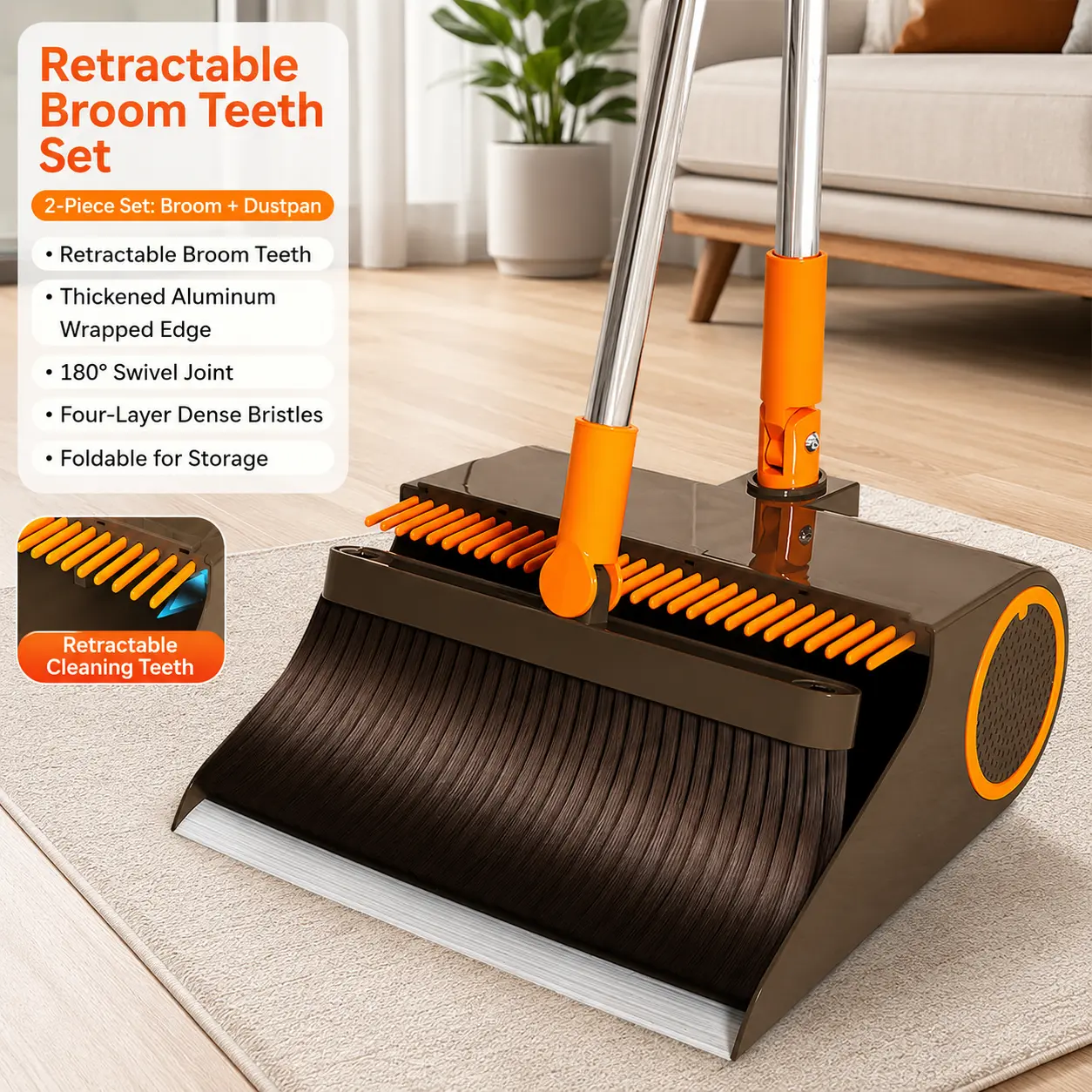 Broom and Dustpan Set with Comb Teeth for Pet Hair, Self-Cleaning Stand Up Dustpan Combo with 180 Rotating Broom Head, Long Handle Upright Broom for Dog Cat Hair Shedding, 4-Layer Dense Bristles for Home Kitchen Office Indoor Outdoor Cleaning