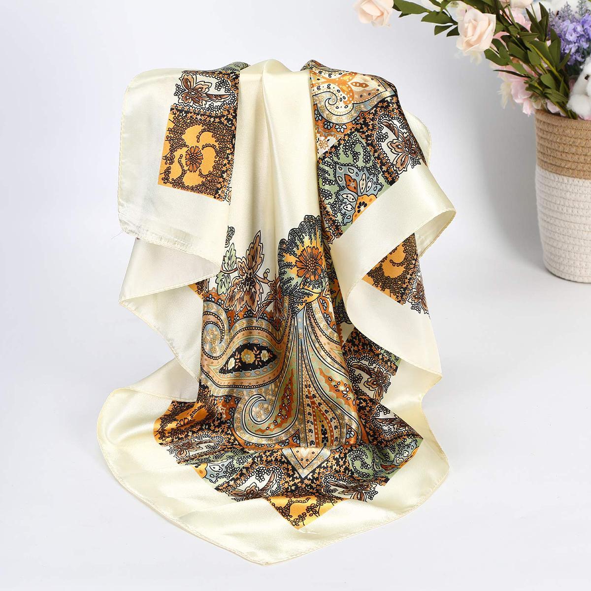 AWAYTR 35” Silk Like Square Headscarf 4Pcs Large Bandana Head Kerchief Fashion Pattern Hair Scarves for Women Head Wrap