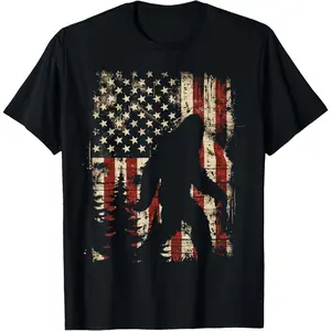 Bigfoot Sasquatch America Flag Patriotic Men Women Kids T-Shirt Pure Cotton Graphic Tees Menswear Top: Gifts for Men & Women