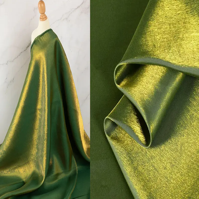 Elegant champagne gold satin fabric with beautiful luster. Silky soft and excellent draping. Great for formal gowns, wedding decor, party costume and sewing DIY projects. Sold by yard.