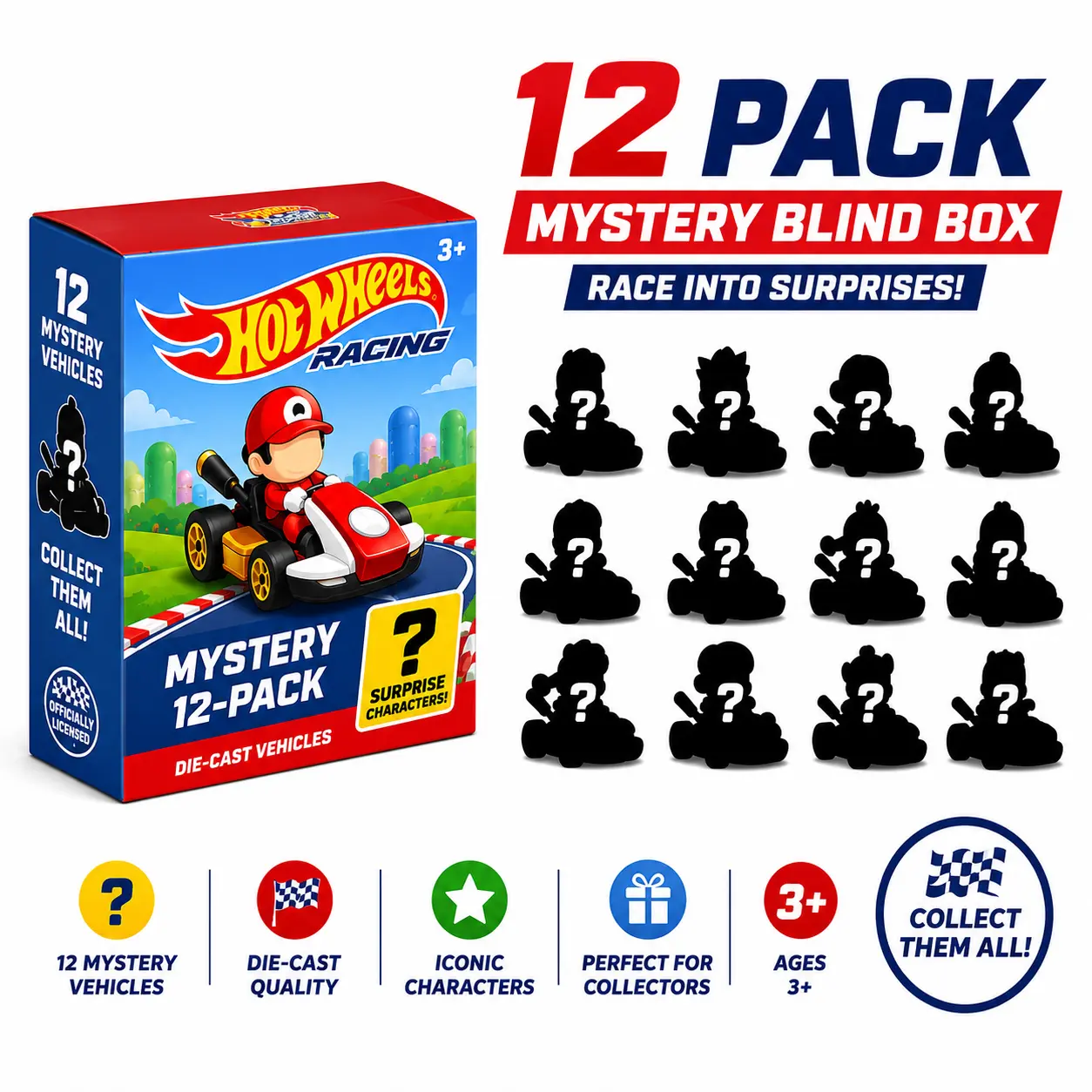 Hot Wheels Mario Kart 1:64 Scale Mystery Blind Box | 12 Pack