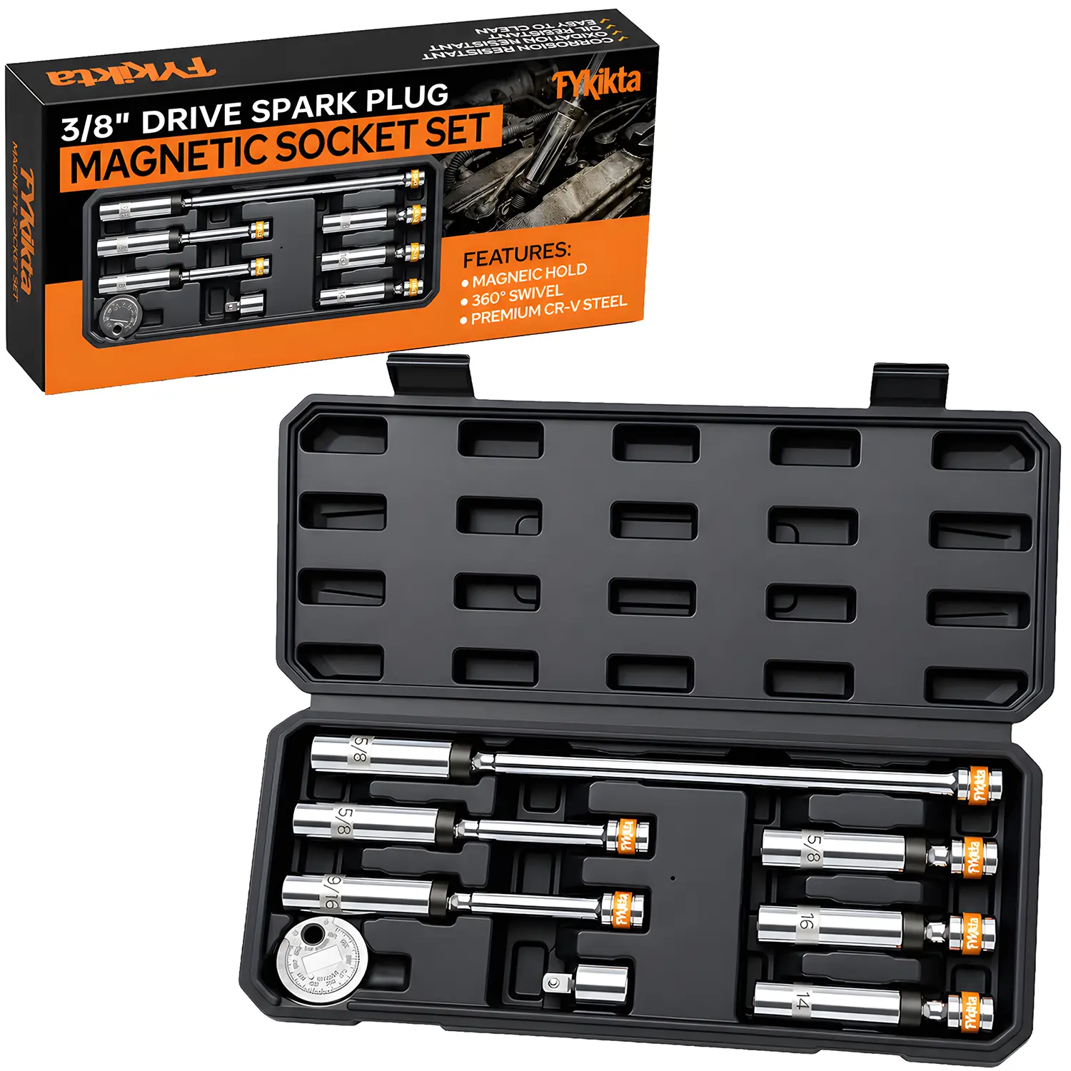 Magnetic Spark Plug Socket Set, 3/8 Drive Swivel Thin Wall Deep Well Removal Tool Kit, Heavy-Duty CR-V 6-Point and 12-Point 9/16 5/8 14mm 16mm Sockets with Extension Bar, Universal Joint, Spark Plug Gapper, Hardware Toolbox, 360° Swivel & Extensions
