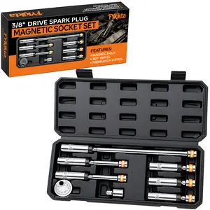 Magnetic Spark Plug Socket Set, 3/8 Drive Swivel Thin Wall Deep Well Removal Tool Kit, Heavy-Duty CR-V 6-Point and 12-Point 9/16 5/8 14mm 16mm Sockets with Extension Bar, Universal Joint, Spark Plug Gapper, Hardware Toolbox, 360° Swivel & Extensions