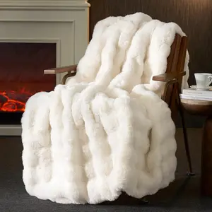 Faux  Throw Blanket for Couch, Fuzzy Soft Plush Thick Bubble Blanket for Sofa Bedroom Living Room, 50"x60" Inches, Cream White