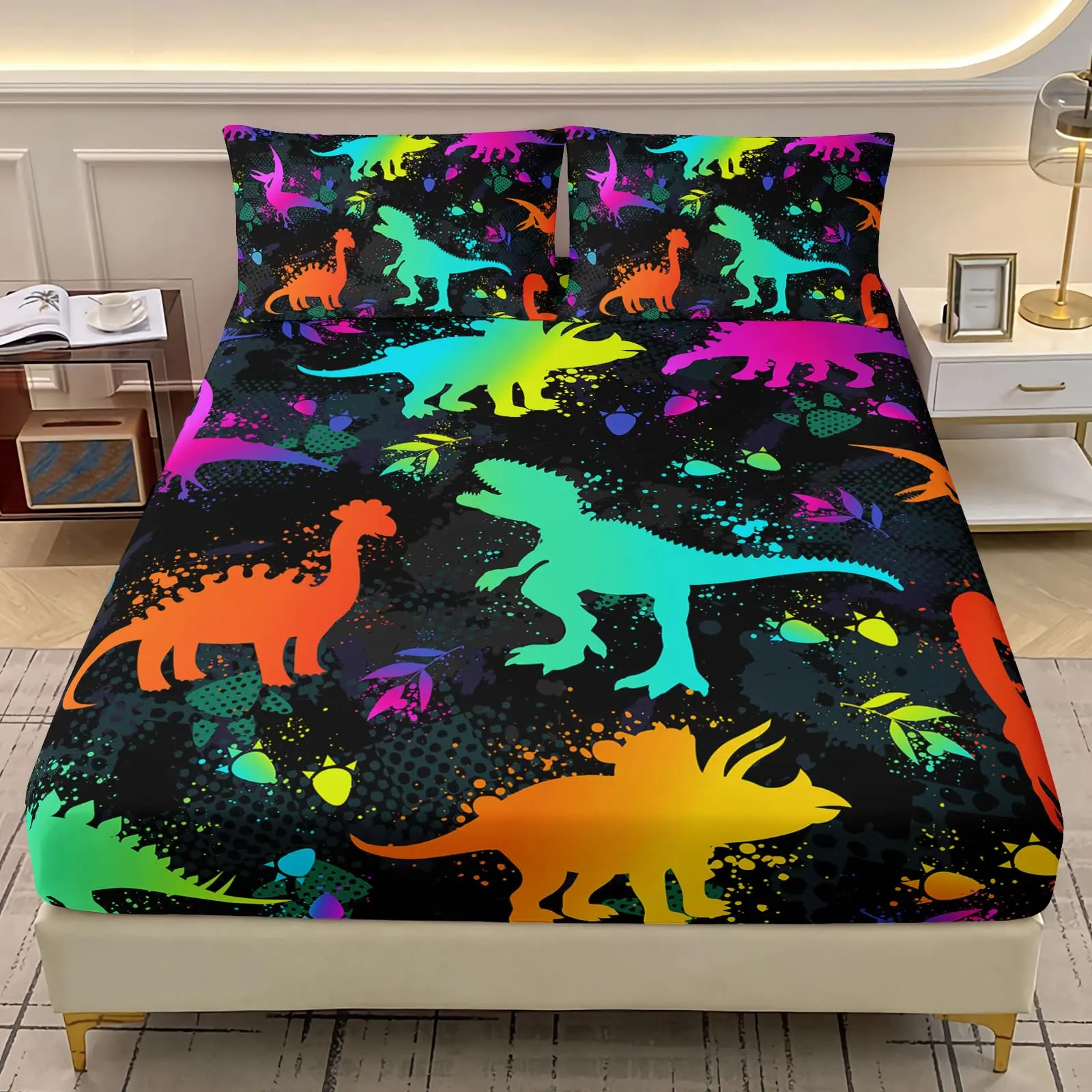 3-Piece Dinosaur Print Polyester Bedding Set, Includes Flat Sheet and Pillowcases, Modern Design for Bedroom Decor, Comfortable and Stylish