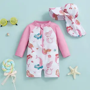 Global Baby Kids Girl Rash Guard Swimsuits Mermaid Print Zipper Long Sleeve Swimwear for Toddler Bathing Suits Beachwear 2 Pcs